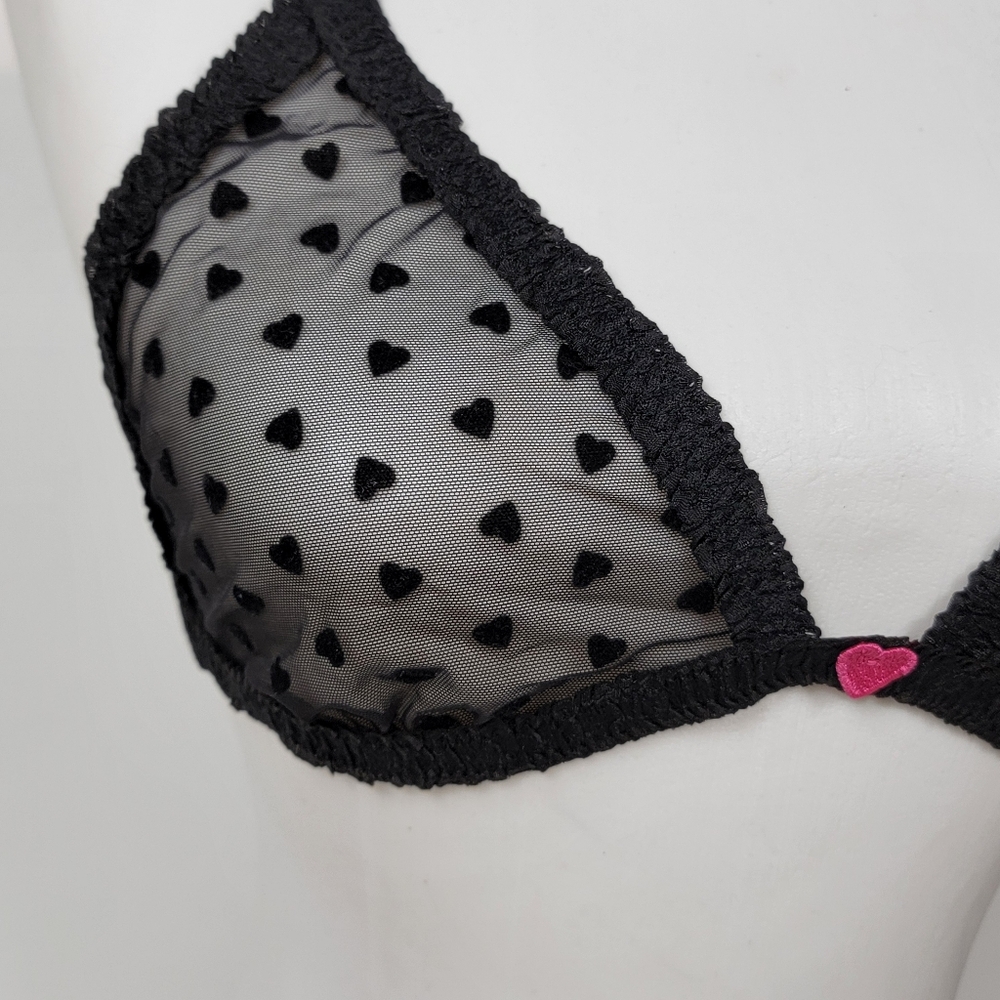 PINK Victoria's Secret Black Velvet  Heart Mesh Bralette Tease M/L - Picture 5 of 11